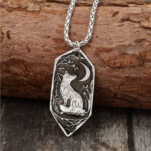 Cottagecore Fox & Moon Silver Tone Necklace, matching chain,Engraved det… - Picture 1 of 3